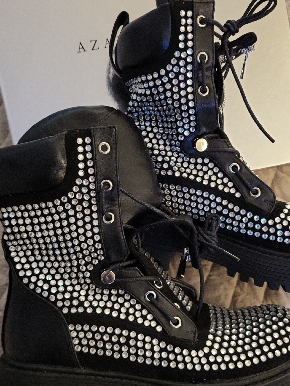 AZALEA WANG Black Rhinestone Combat Boots - Women's Fashion Boots SZ9 - Picture 10 of 12